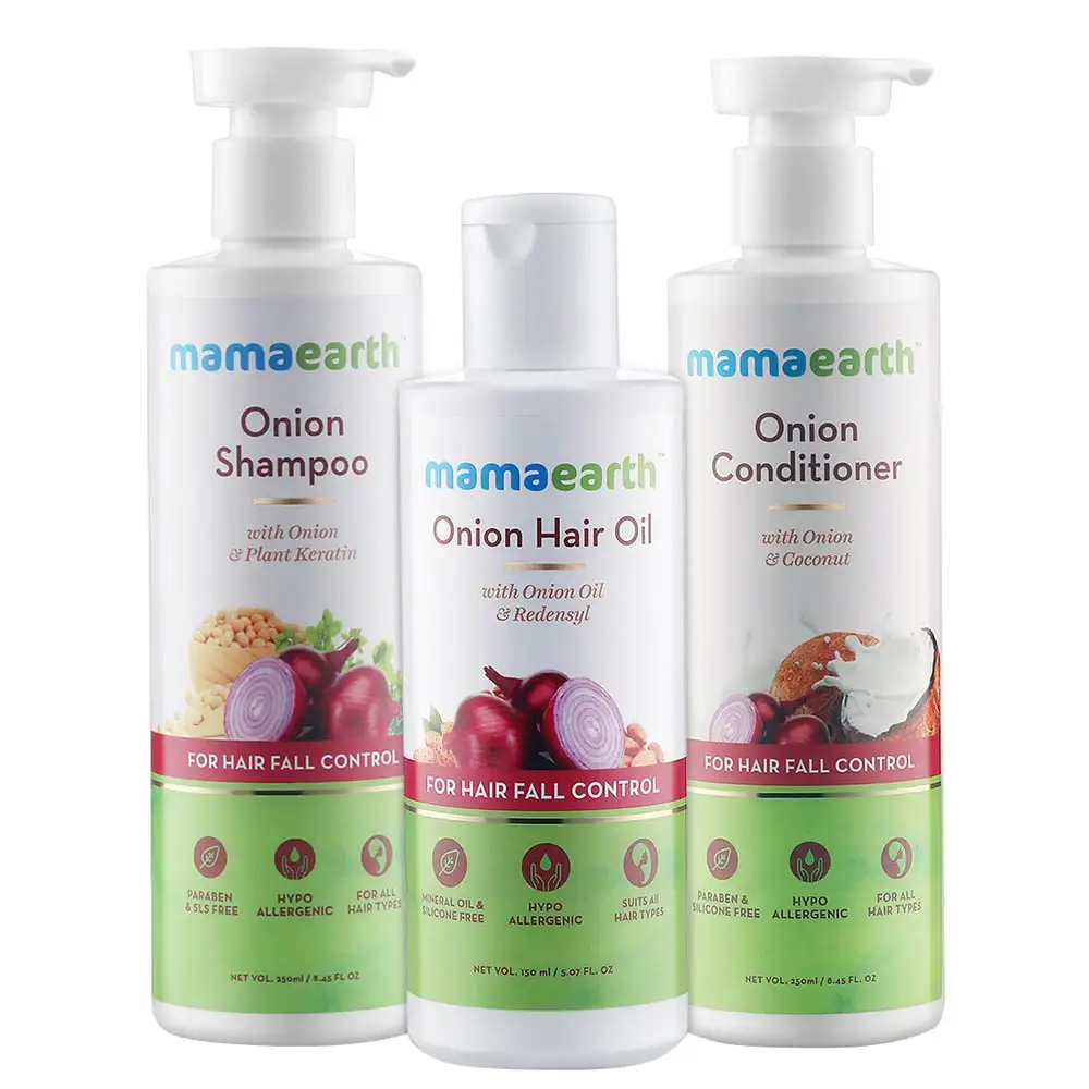 Mamaearth Anti Hair Fall Spa Range,  3 Piece(s)/Pack  with Onion Hair Oil + Onion Shampoo + Onion Conditioner for Hair Fall Control