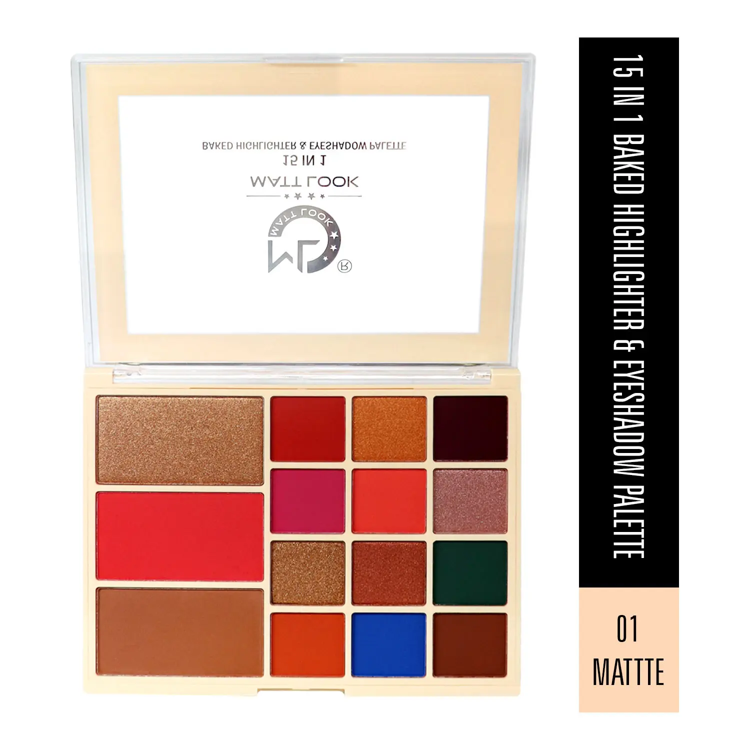 Mattlook 15 in 1 Baked Highlighter & Eyeshadow Matte Palette, Face Makeup, Matte Multicolor-1 (33.6gm)