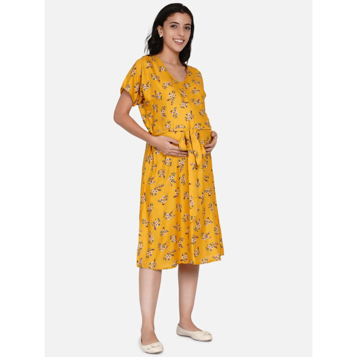 The Kaftan Company Mustard Floral Print Maternity Dress Mustard (L)