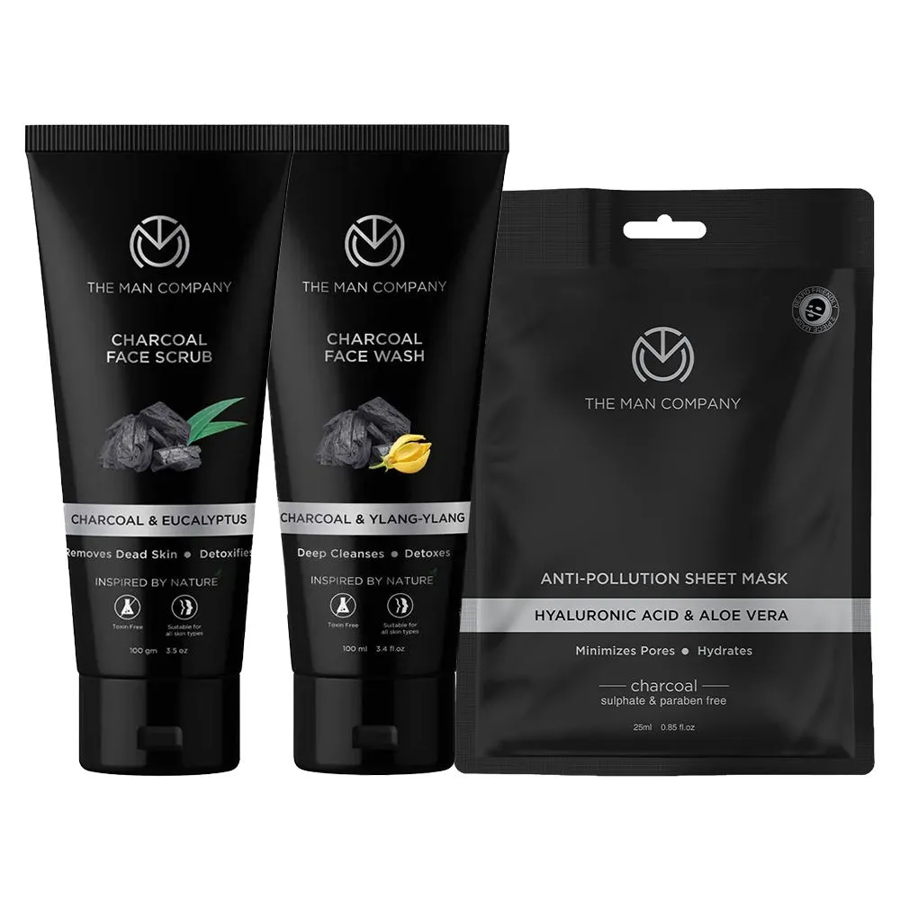 The Man Company Charcoal Face Wash, Charcoal Sheet Mask & Charcoal Face Scrub