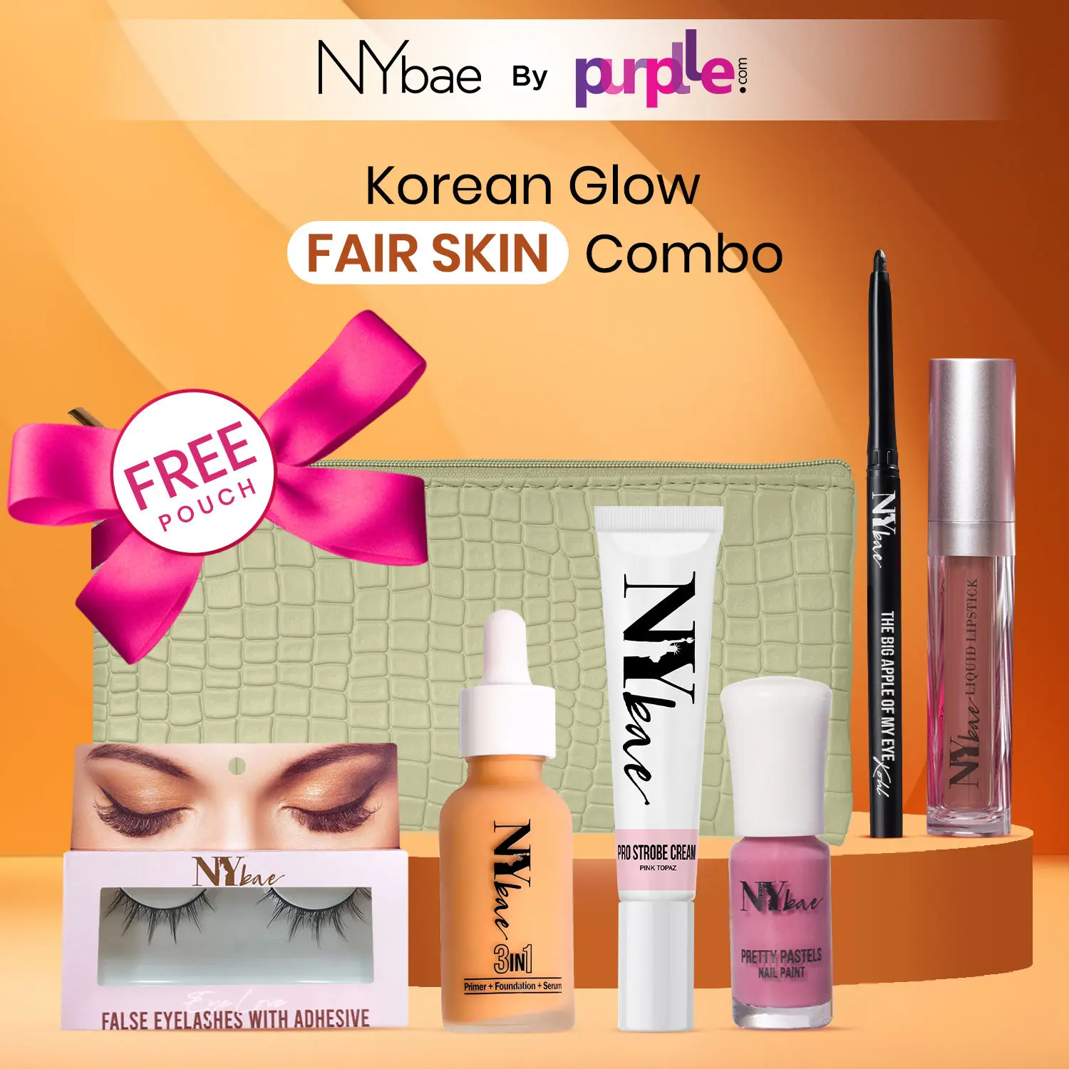 NY Bae Korean Glow Skin Combo | Highlighter | Foundation | Skin Tint | Kajal | Nail Polish | Lipstick | Flase Eyelashes | Free Pouch - Fair Skin