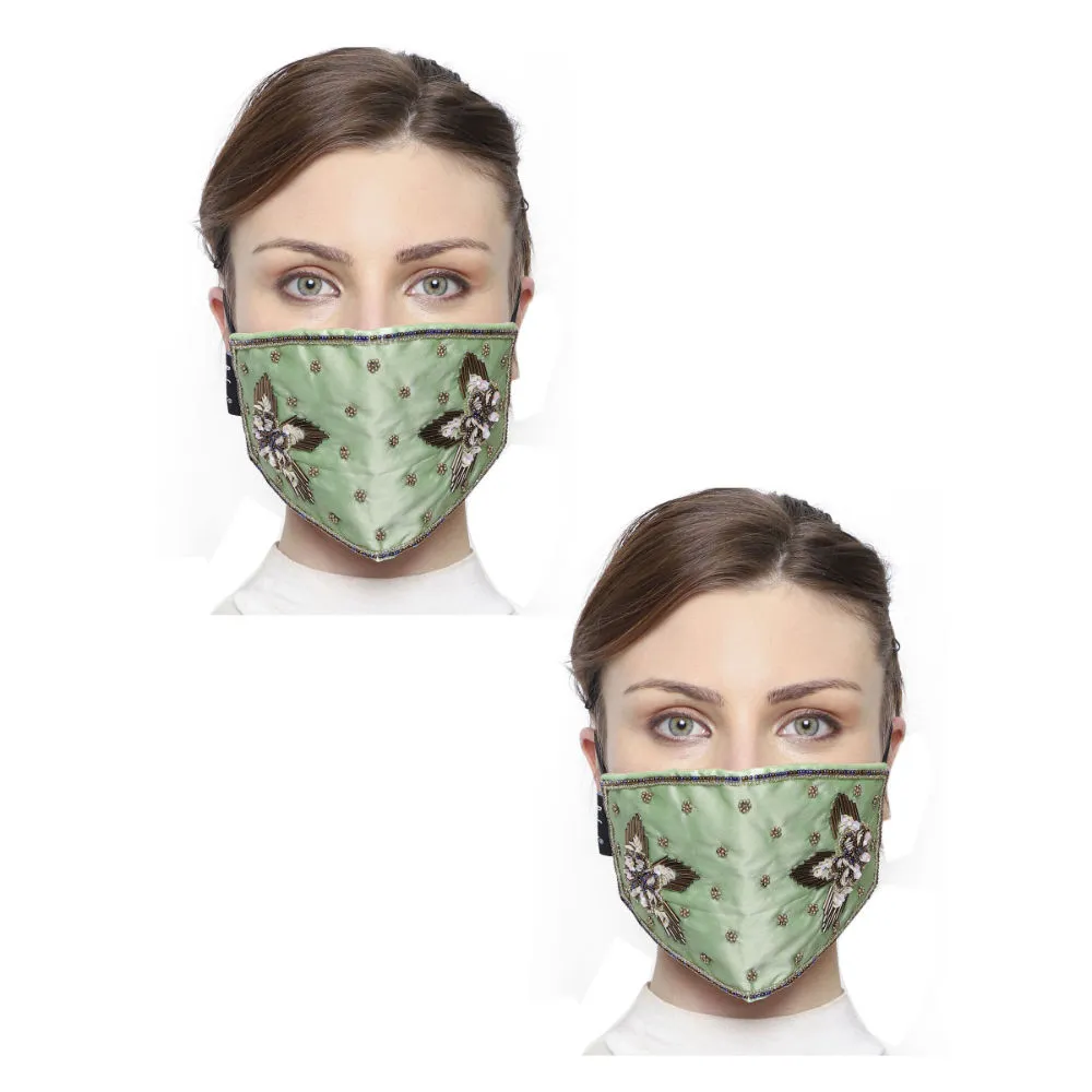 Anekaant Pack Of 2 Pastel Green & Gold 3-Ply Art Silk Embellished Fabric Fashion Mask