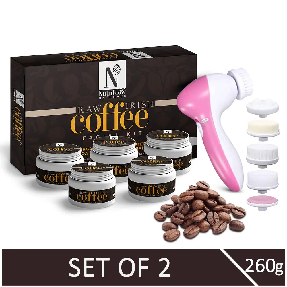 NutriGlow NATURAL'S Raw Irish Coffee Facial Kit (260 gm) With Electric 5-in-1 Face Massager/ For Glowing Skin