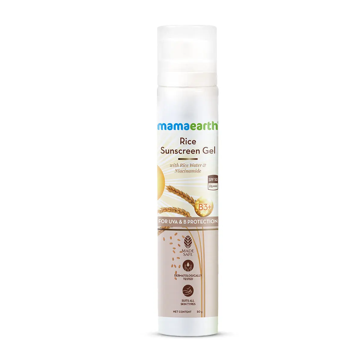 Mamaearth Rice Sunscreen With SPF 50 Gel with Rice Water & Niacinamide for UVA & UVB Protection, PA+++ - 50 g