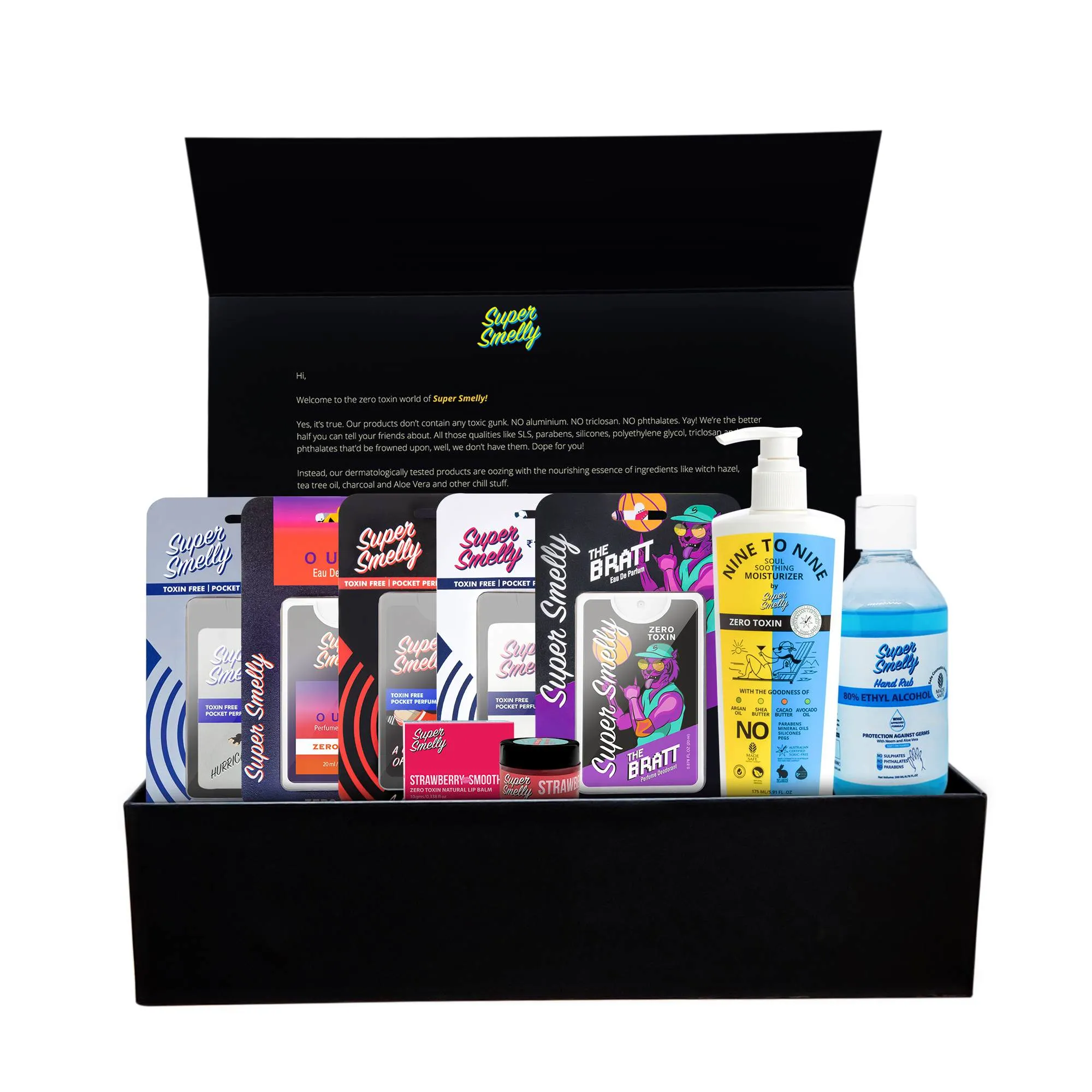 Super Smelly Super Gift Hamper with Moisturizing Lotion Hand Rub Perfumes & Lip Balm for Men & Women