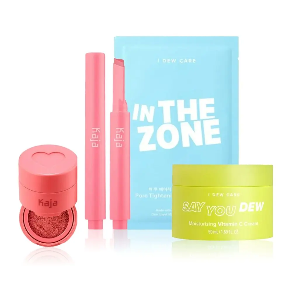 Korean Face Makeup Bundle - 03| Kaja Lip Gloss Stick (Sweet Talk), Kaja Cheeky Stamp (Bossy), I DEW CARE Say You Dew Vit C Cream, I DEW CARE Sheet Mask (In the Zone)