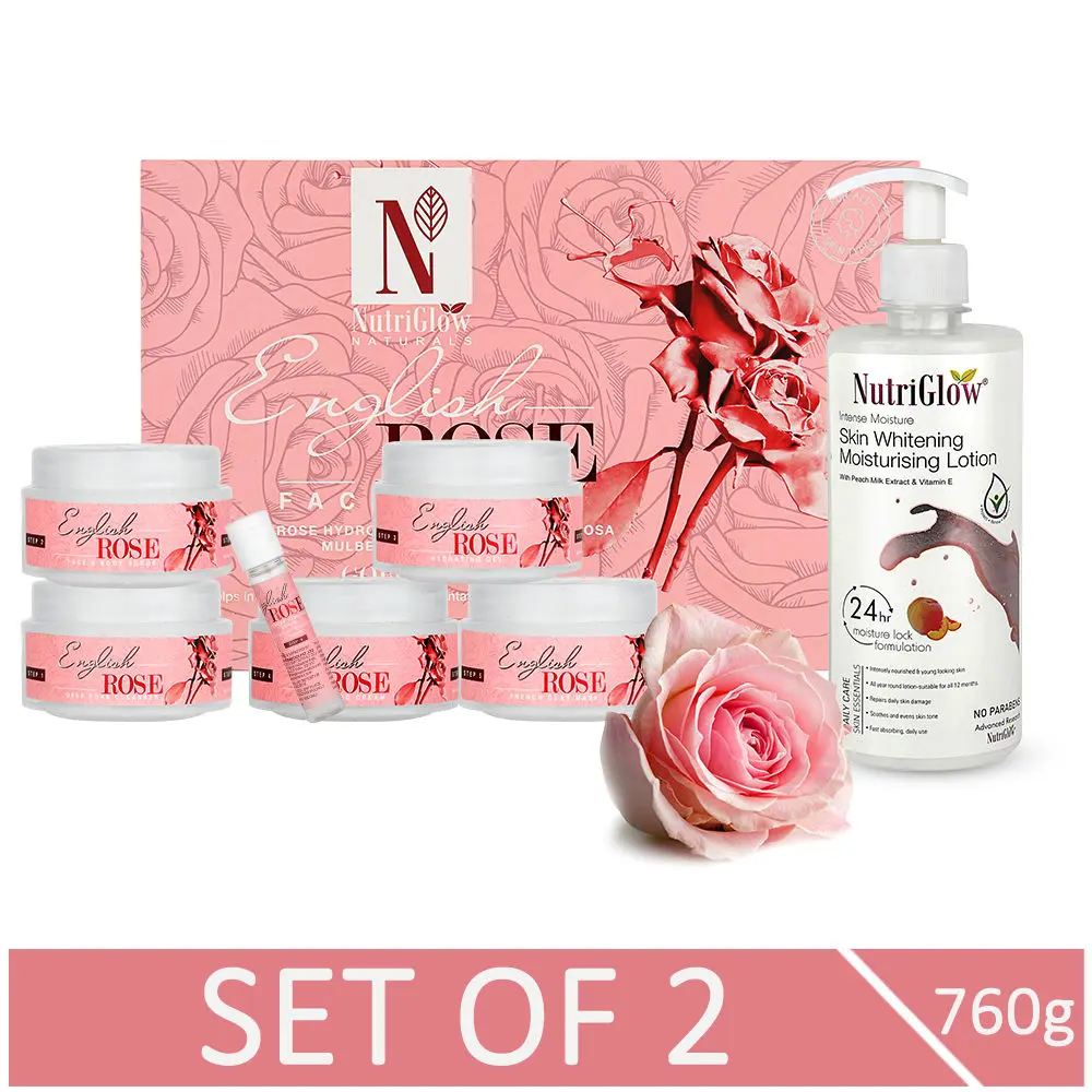 NutriGlow NATURAL'S English Rose Facial Kit (260 gm) & Skin Whitening Moisturising Lotion (500 ml) For Intense Moisturization