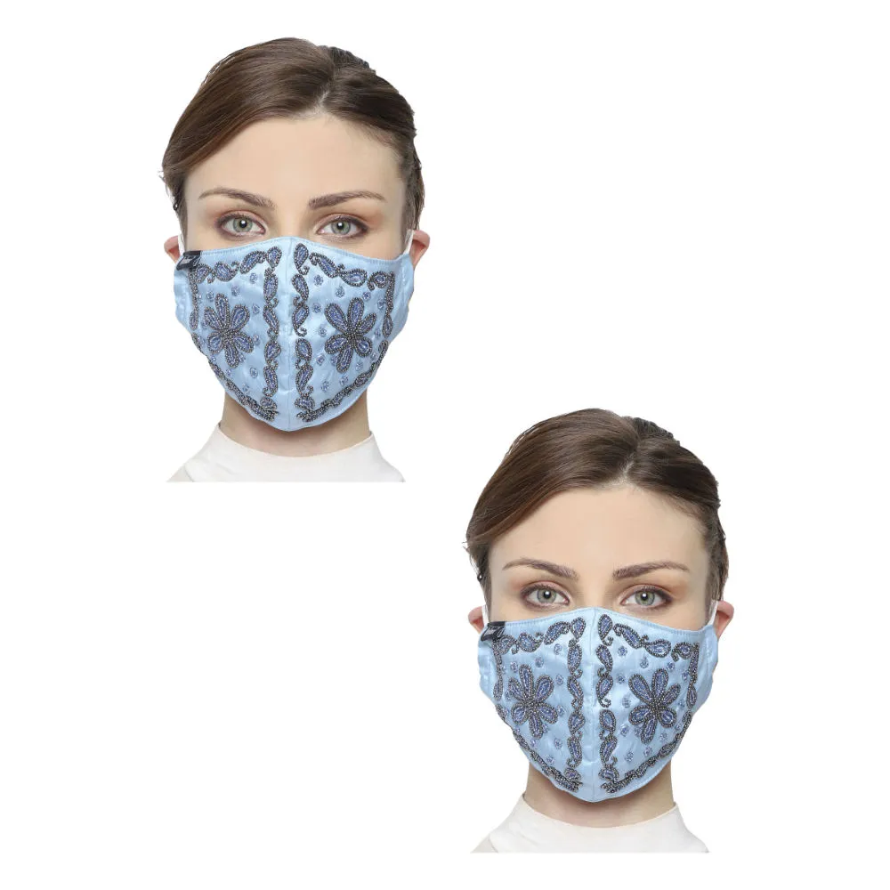 Anekaant Pack Of 2 Pastel Blue & Silver 3-Ply Art Silk Floral Embellished Fabric Fashion Mask