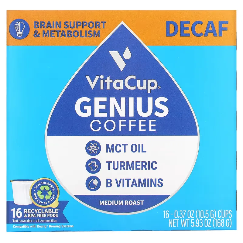 Genius Coffee, Medium Roast, Decaf, 16 Cups, 0.37 oz (10.5 g) Each