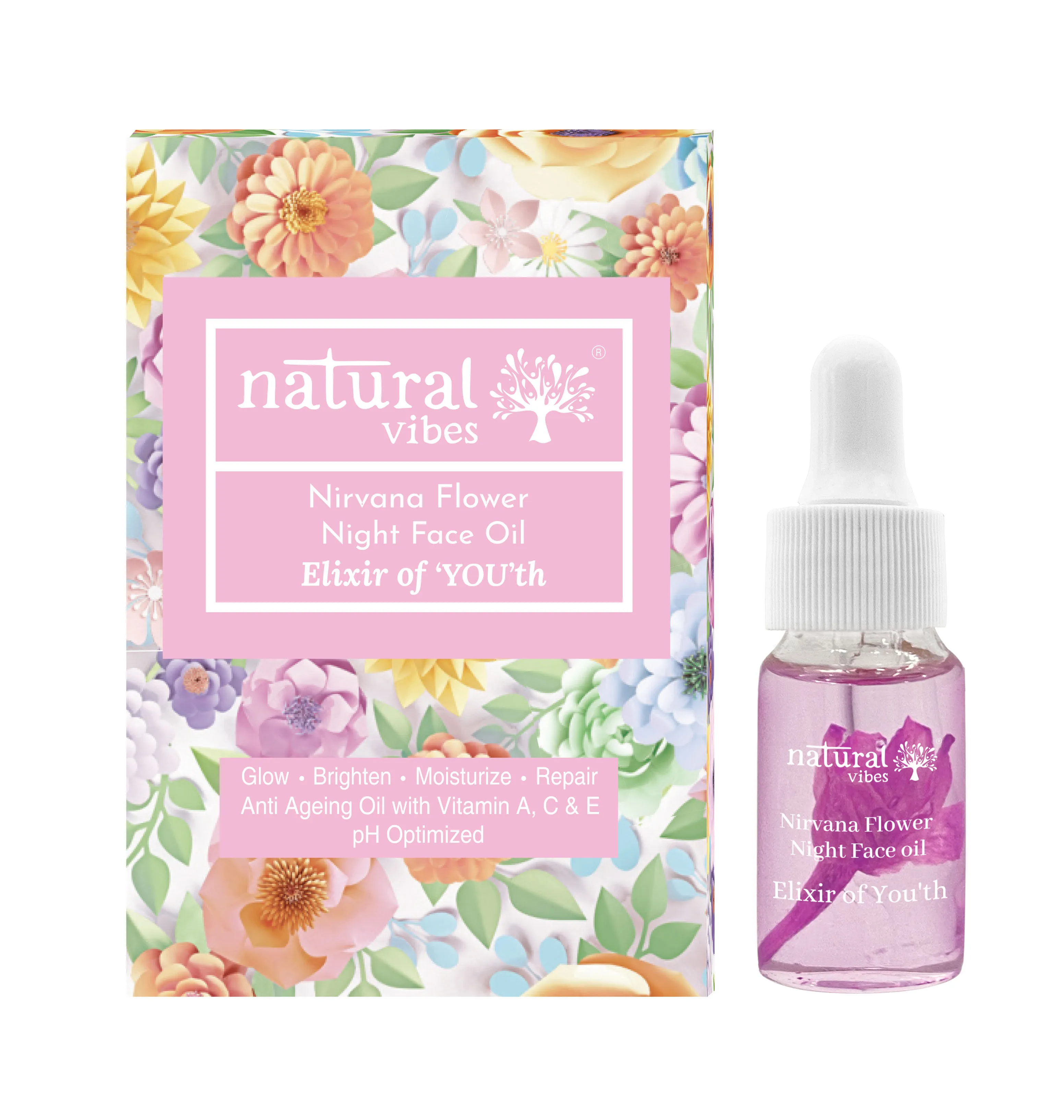 Natural Vibes Anti Ageing Nirvana Flower Night Face Oil - Elixir Of ‘You’th With Vitamin A, C & E