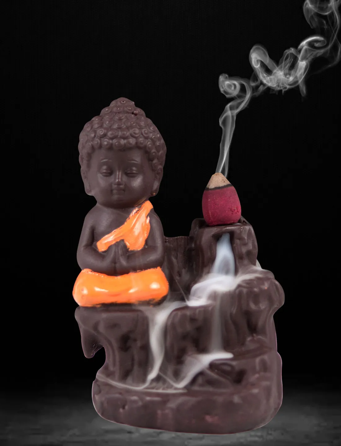 Golden Peacock Orange Polyresin Monk Buddha Back Flow Smoke Incense Holder+5 Free Scented Cone