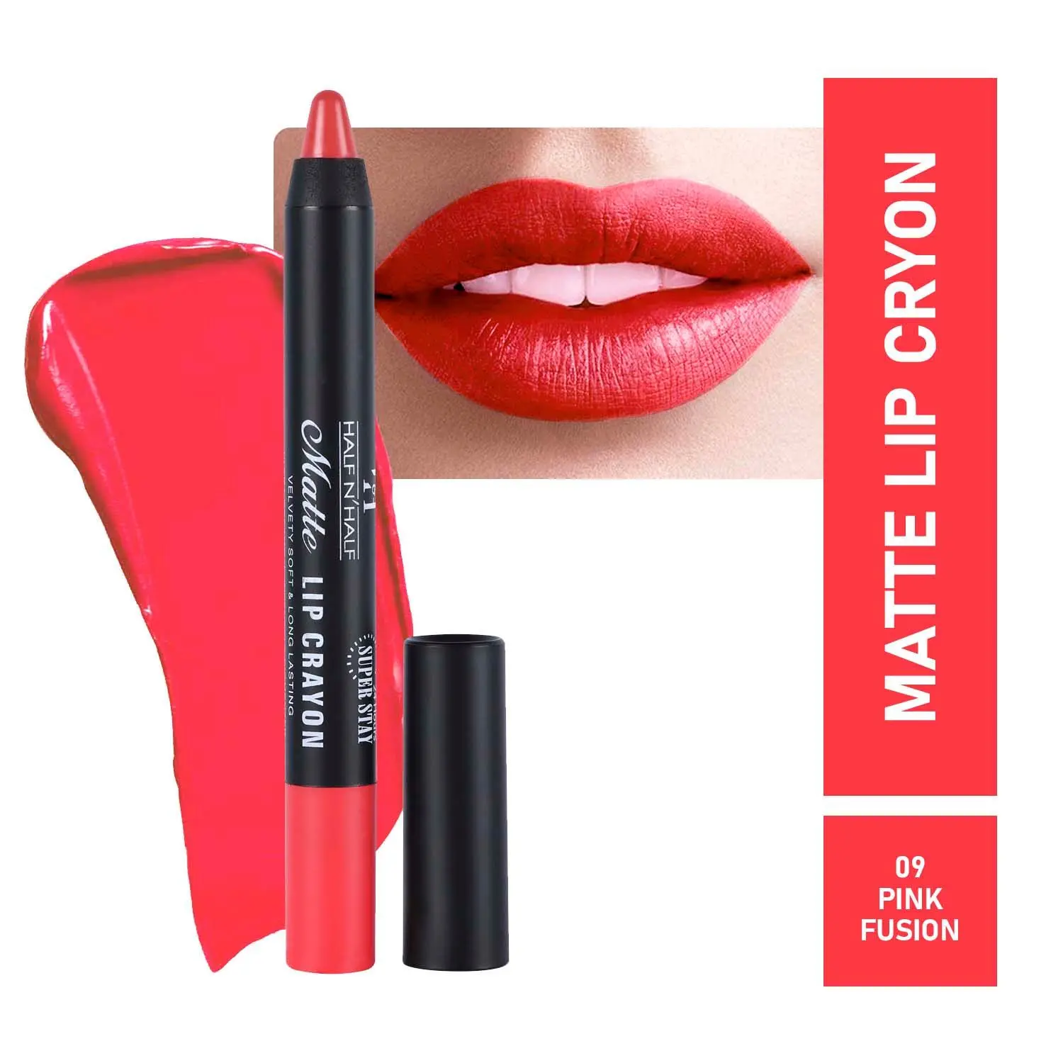 Half N Half Matte Lip Crayon Velvet Soft & Long Lasting, 24h Super Stay, 09 Pink Fusion (3.5gm)