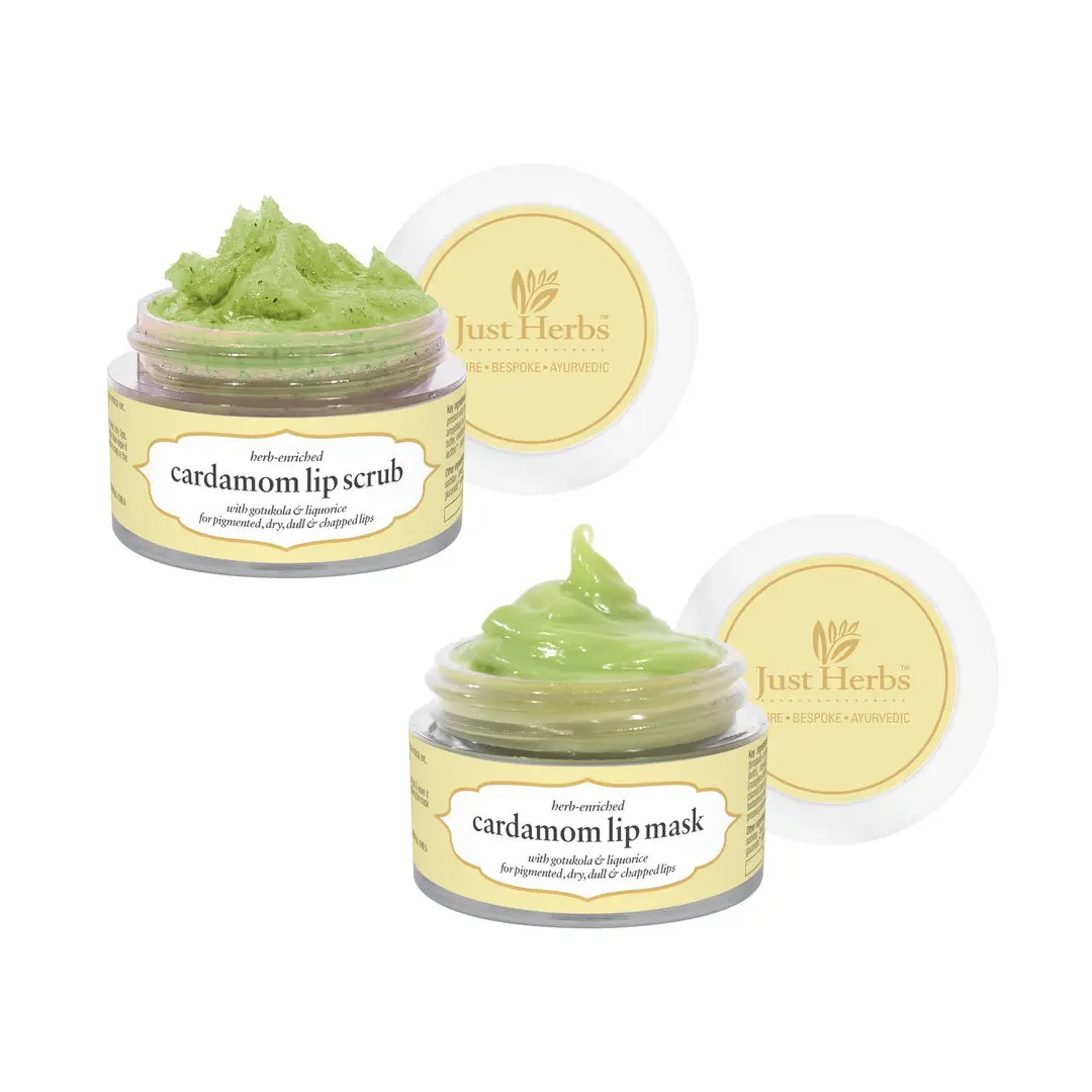 Just Herbs Ayurvedic & Vegan Cardamom Lip Scrub & Lip Mask duo pack for Chapped, Pigmented & Dark lips (30 g)