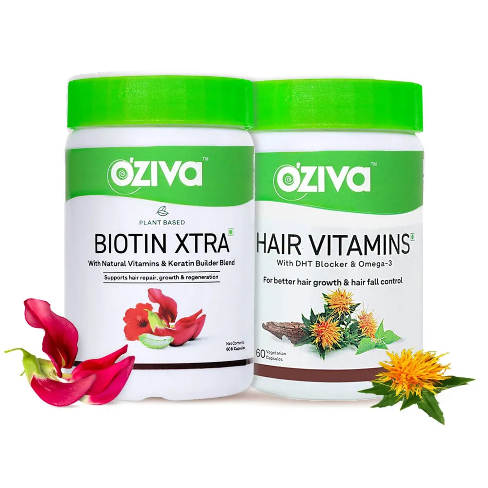 Oziva Biotin Xtra with Keratin Builder (60 Veg Biotin Capsules) + Hair Vitamins (60 Veg Capsules)