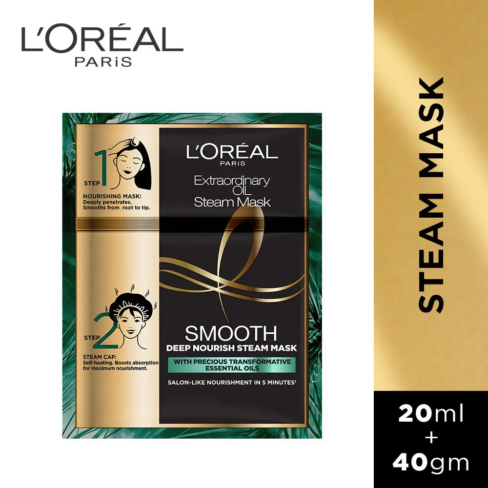 L'Oreal Paris Extraordinary Oil Smooth Steam Mask (Paraben Free) 20ml + 40g | Nourishing Treatment for Smooth & Straight Frizz-Free hair | With Precious Essential Oils