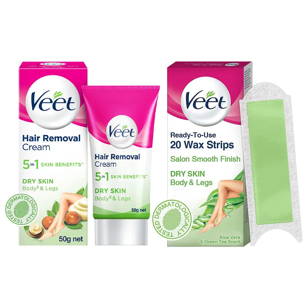 Veet Full Body Hair Removal Kit for Dry Skin-20Pcs Arms & Legs + Cream