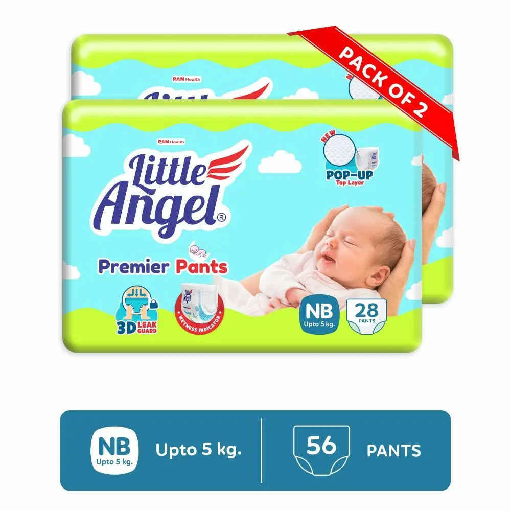Little Angel Premier Pants Baby Diaper, New Born (NB/XS) Size, 56 Count, Cottony Soft Material, Wetness Indicator, Breathable Layer, Extra Dry Core, Stretchable Sides, Pack of 2, 28 count/pack, up to 5 kgs
