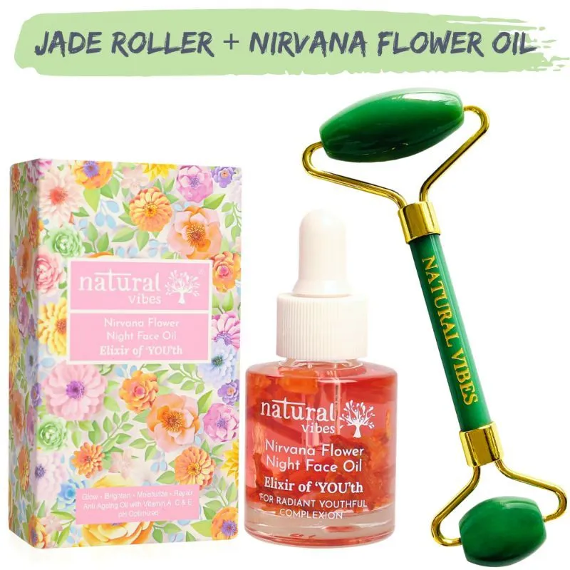 Natural Vibes Jade Face Roller + Nirvana Anti Ageing Flower Oil