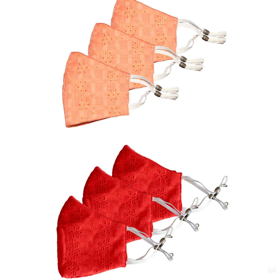 Bellofox Peach Chikan And Red Chikan Face Mask (Set Of 6)