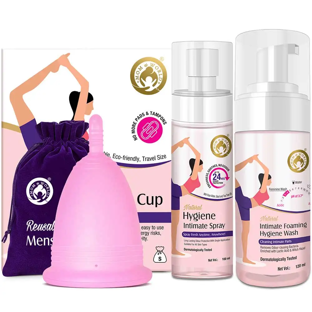 Mom & World Reusable Menstrual Cup+Hygiene Intimate Spray+Intimate Foaming Feminine Hygiene Wash Combo,  3 Piece(s)/Pack  Small