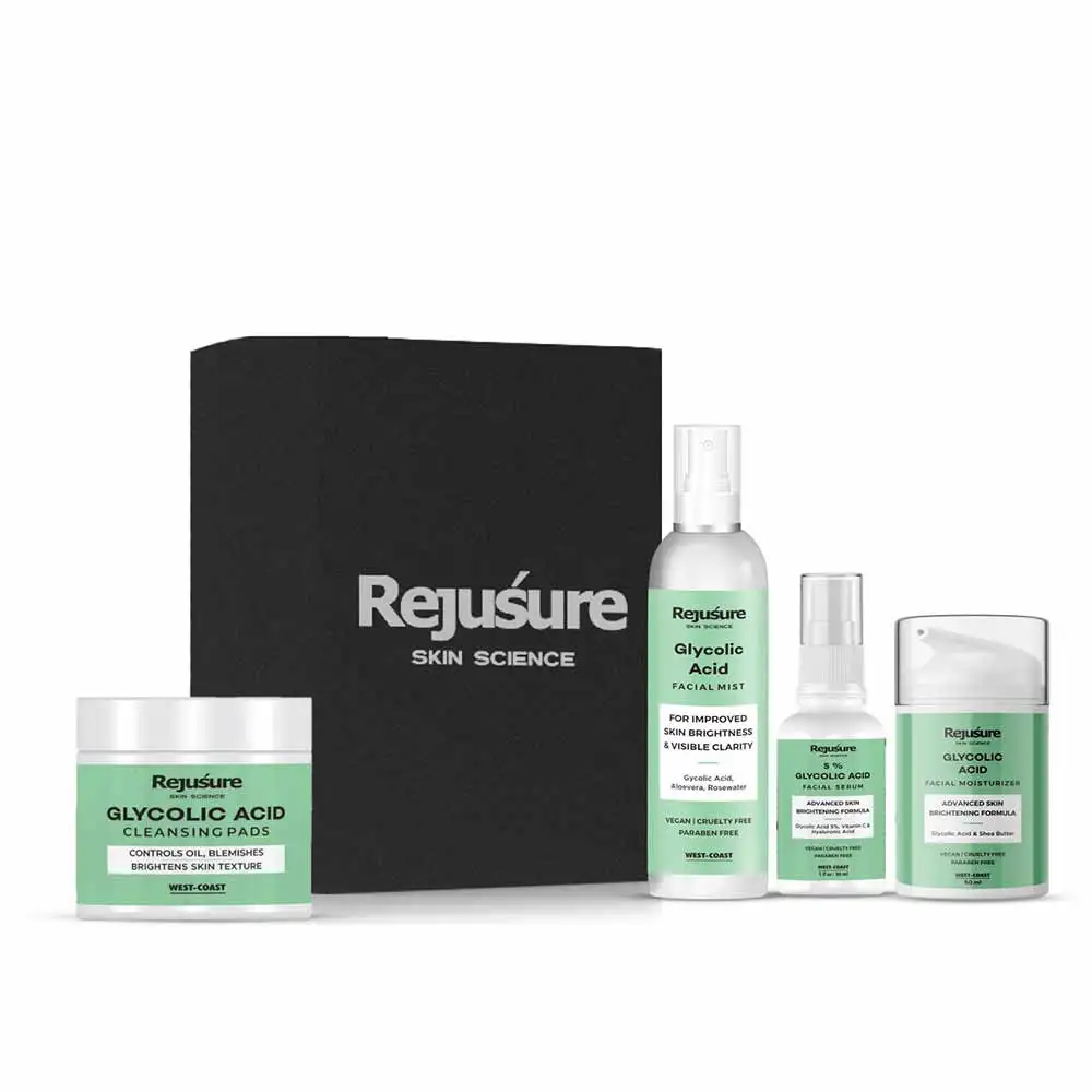 Rejusure Glycolic Acid Combo(Face Mist Toner 100ml + Moisturizer 50ml + 5% Face Serum 30ml + Cleansing Pads 50 Pads),  4 Piece(s)/Pack  for Oily Skin