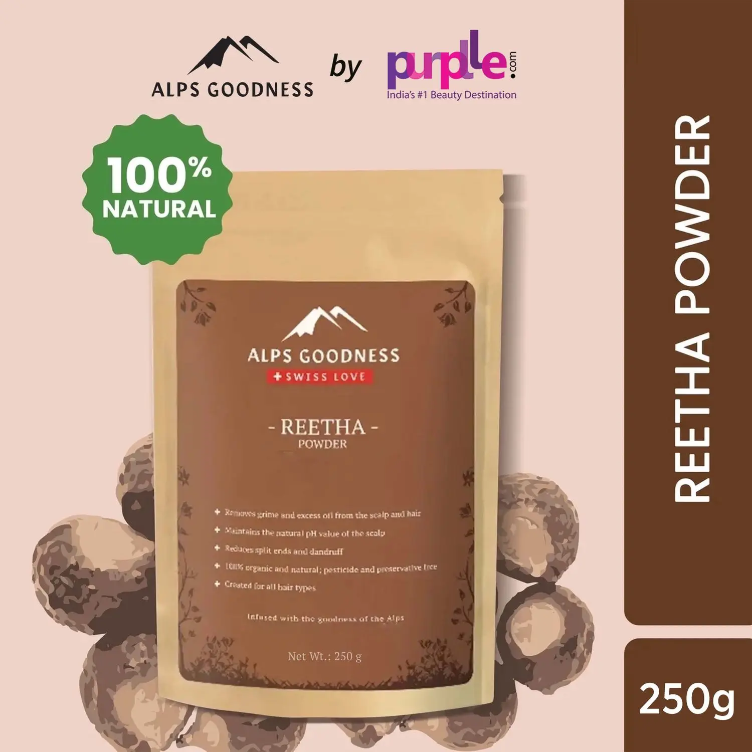 Alps Goodness Powder - Reetha (250g) |100% Natural Powder | No Chemicals, No Preservatives, No Pesticides| Natural Hair Mask| Soap Nut
