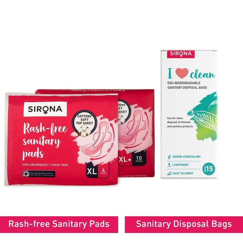 Sirona Cottony Soft Rash Free Sanitary Pads Combo (pack Of 4 & 10) With Sanitary Disposal Bags