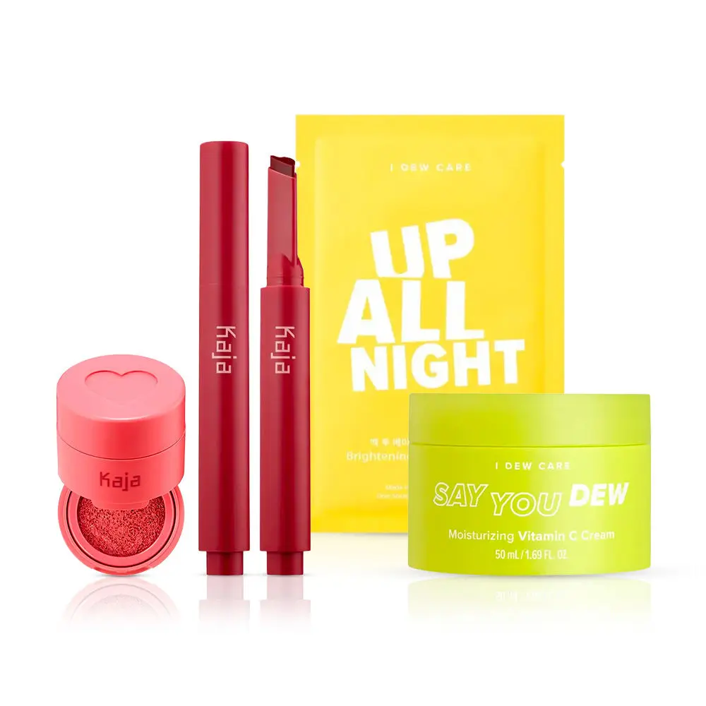 Korean Face Makeup Bundle | Kaja Lip Gloss Stick (Too Hot), Kaja Cheeky Stamp (Bossy), I DEW CARE Say You Dew Vit C Cream, I DEW CARE Sheet Mask (Up all Night)