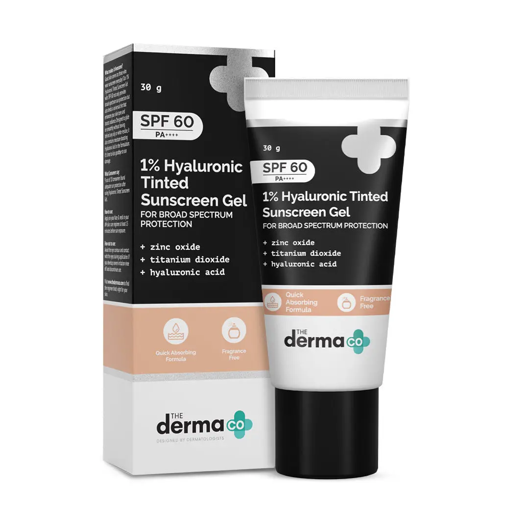 The Derma Co. 1% Hyaluronic Tinted Sunscreen SPF 60 Gel, PA++++, Zinc oxide,titanium dioxide,hyaluronic acid,For Broad Spectrum Protection - 30g