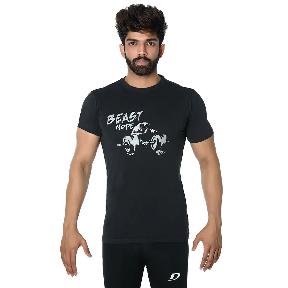 DK Active Wear Half Sleeve Gym T Shirt (Beast Mode),  Black and Silver  XXL