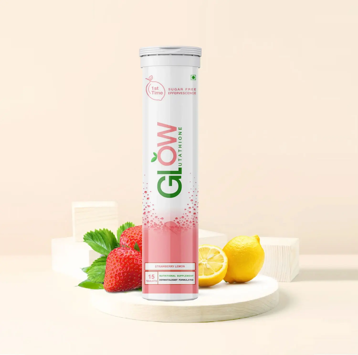 GlowGlutathione 2 in 1 Dermatologist Formulated Japanese L-Glutathione 500 mg +Natural Vitamin C 1000 mg, Antioxidant for Skin , 15 Sugar Free Effervescent Tablets(Strawberry and lemon Flavor ) 