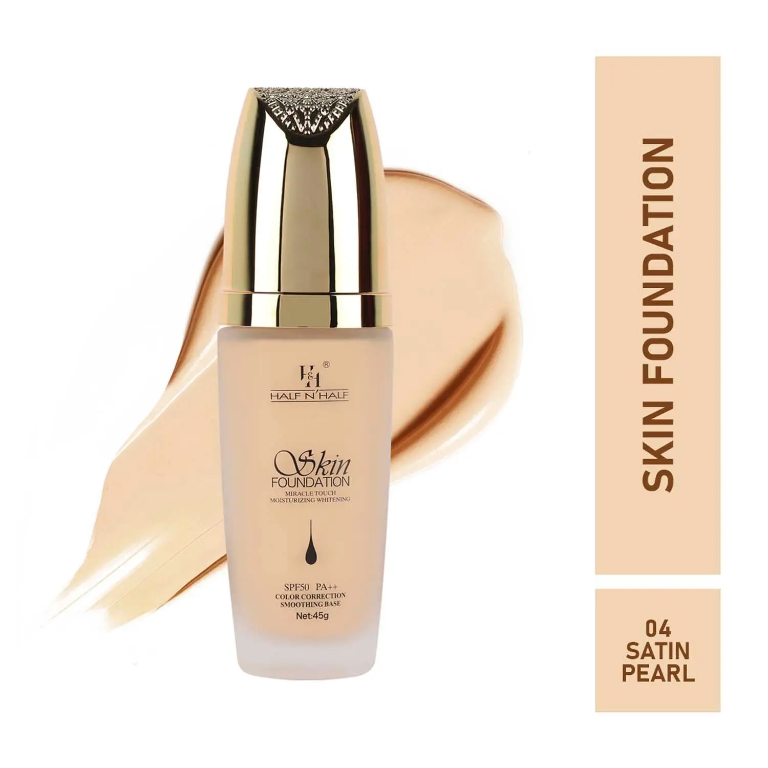 Half N Half Skin Foundation Miracle Touch Moisturizing Whitening, SPF 50 PA++ Colour Correction Smoothing Base, Satin Pearl (45gm)