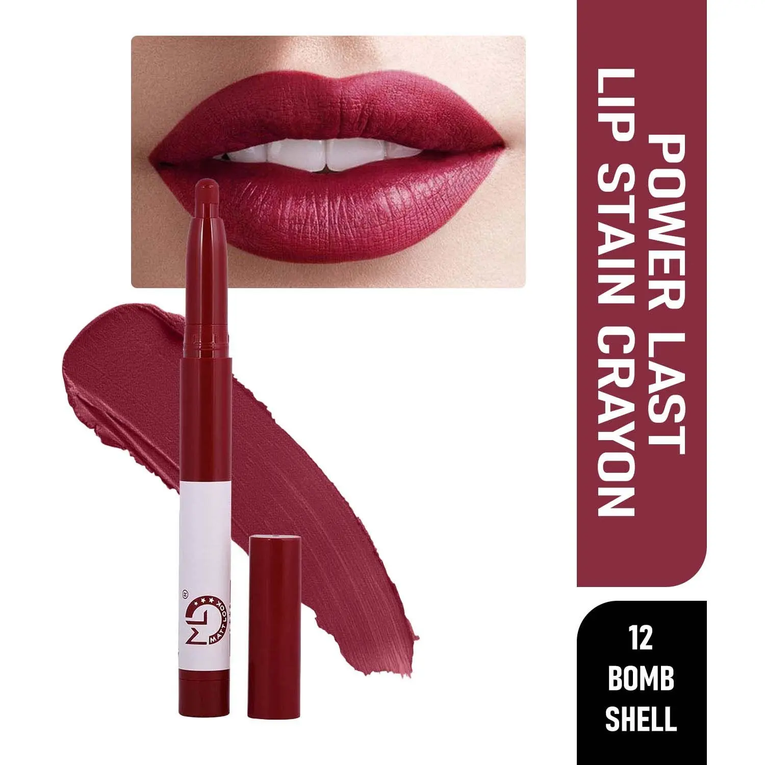 Matt look Power Last Lip Stain Crayon Lipstick, Rich Colour, Non Transfer, Mask Proof & Luxurious Creamy Matte, Bomb Shell (1.3g)