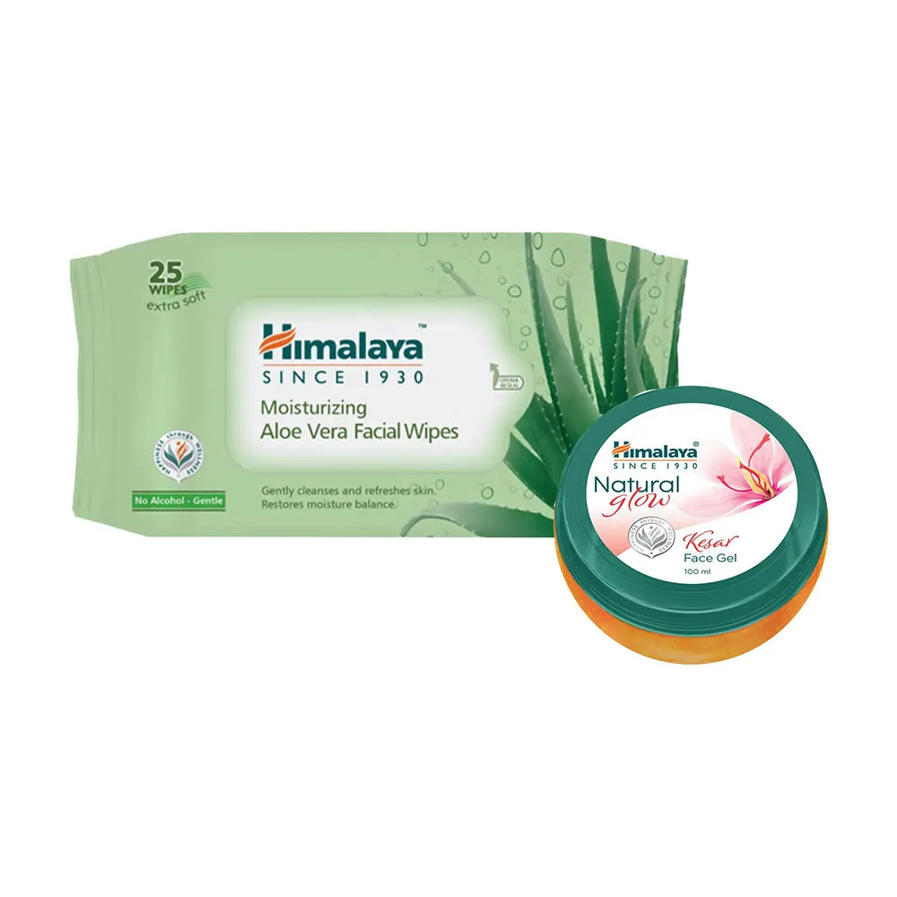 Himalaya Moisturising Aloe Vera Facial Wipes (25 Wipes)+natural Glow Kesar Face Gel Combo