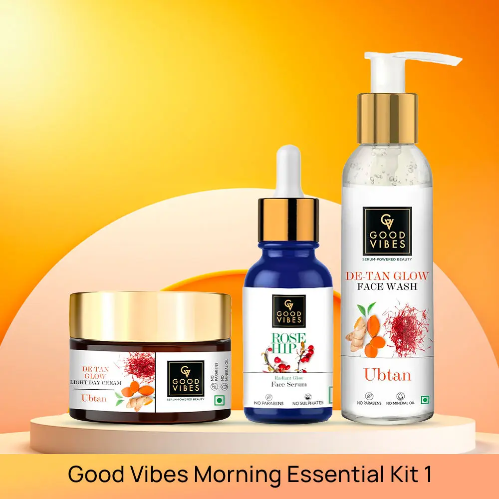 Good Vibes Morning Essential Kit 1 - Ubtan De Tan Glow Face Wash (120 ml) + Rosehip Radiant Glow Face Serum (10 ml) + Ubtan De-tan Glow Light Day Cream (50g)