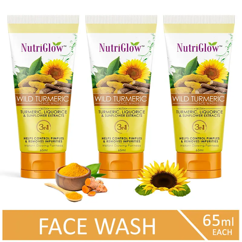 NutriGlow Set of 3 Wild Turmeric Face Wash With Turmeric, Liquorice & Sunflower Extracts, 65ml each