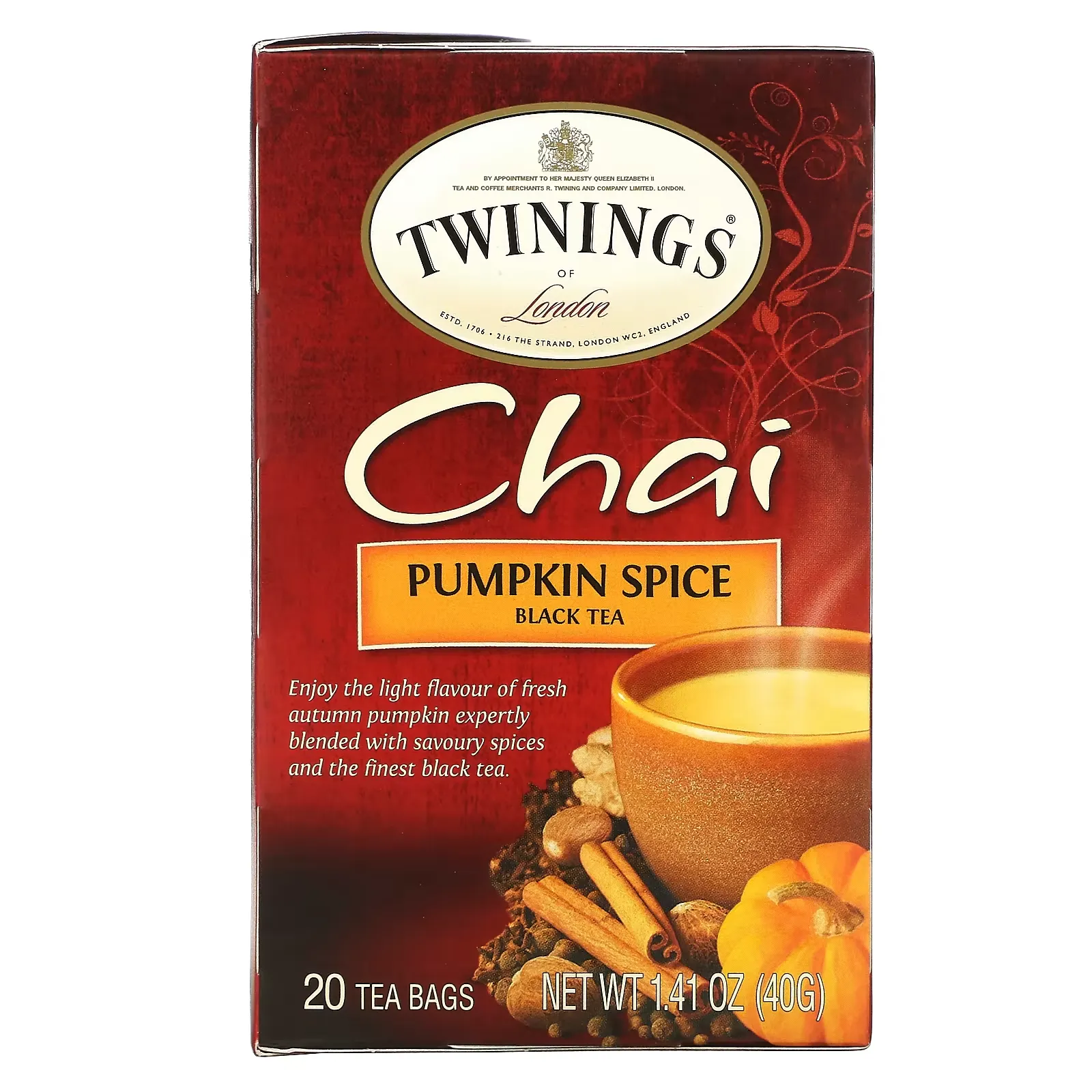 Chai Black Tea, Pumpkin Spice, 20 Tea Bags, 1.41 oz (40 g)