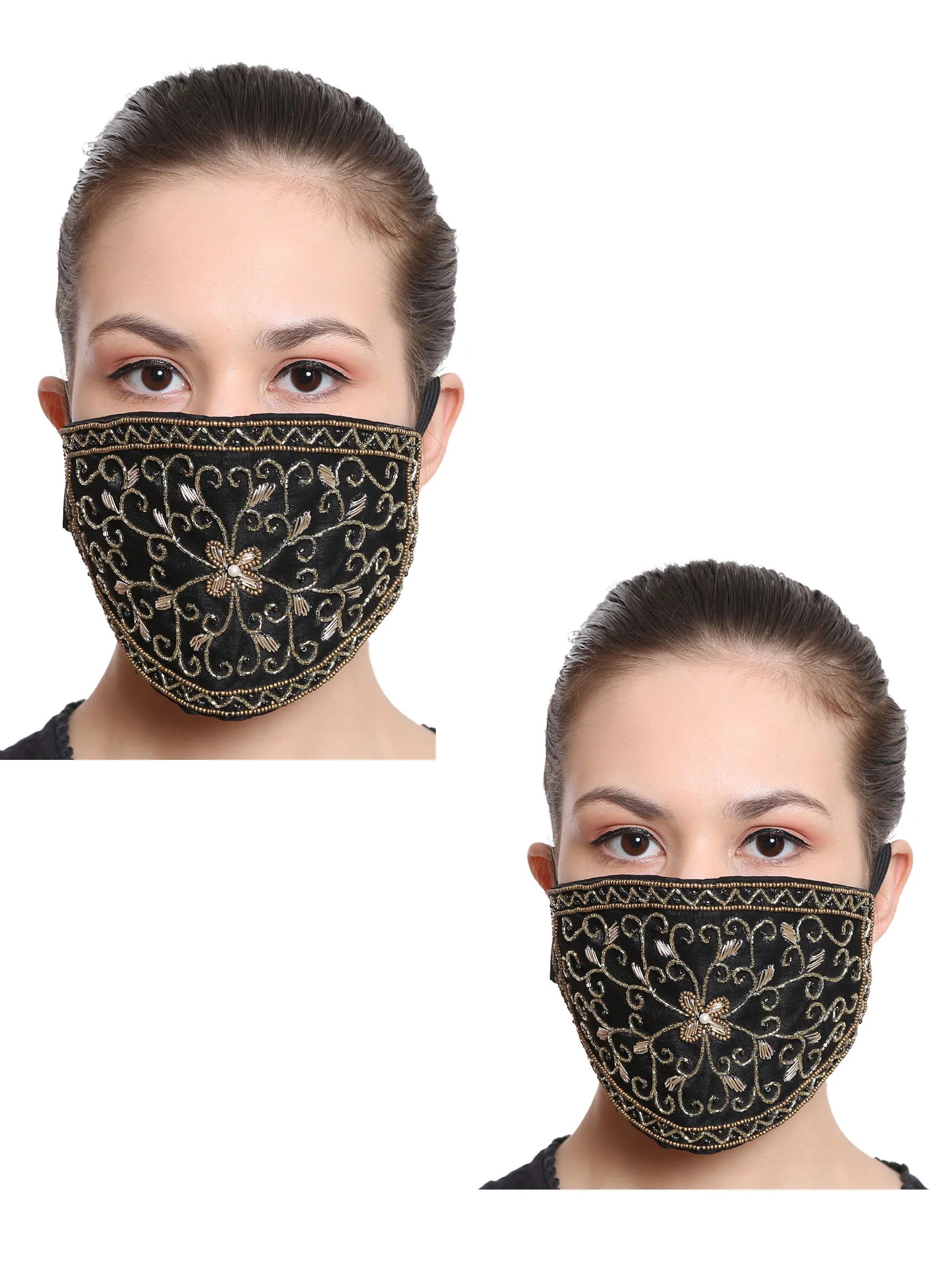 Anekaant Black & Copper 3-Ply Reusable Art Silk Embroidered Fabric Fashion Mask (Pack Of 2)