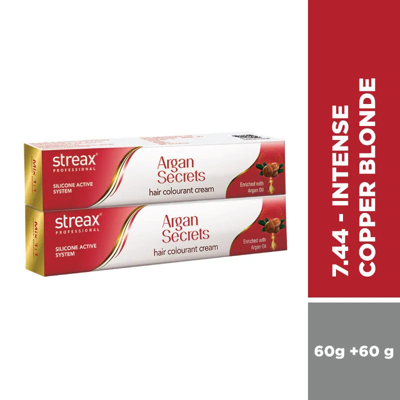 Streax Professional Argan Secret Hair Colourant Cream - Intense Copper Blonde 7.44 (Pack Of 2)