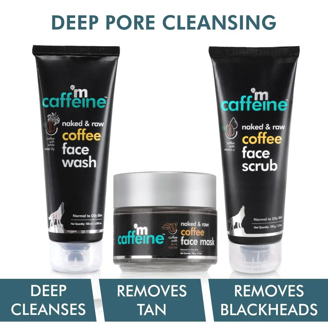 mCaffeine Deep Pore Cleansing Regime | Deep Cleanse, Tan Removal, Blackheads Removal | Face Wash, Face Mask, Face Scrub | Oily/Normal Skin | Paraben & SLS Free 300 gm