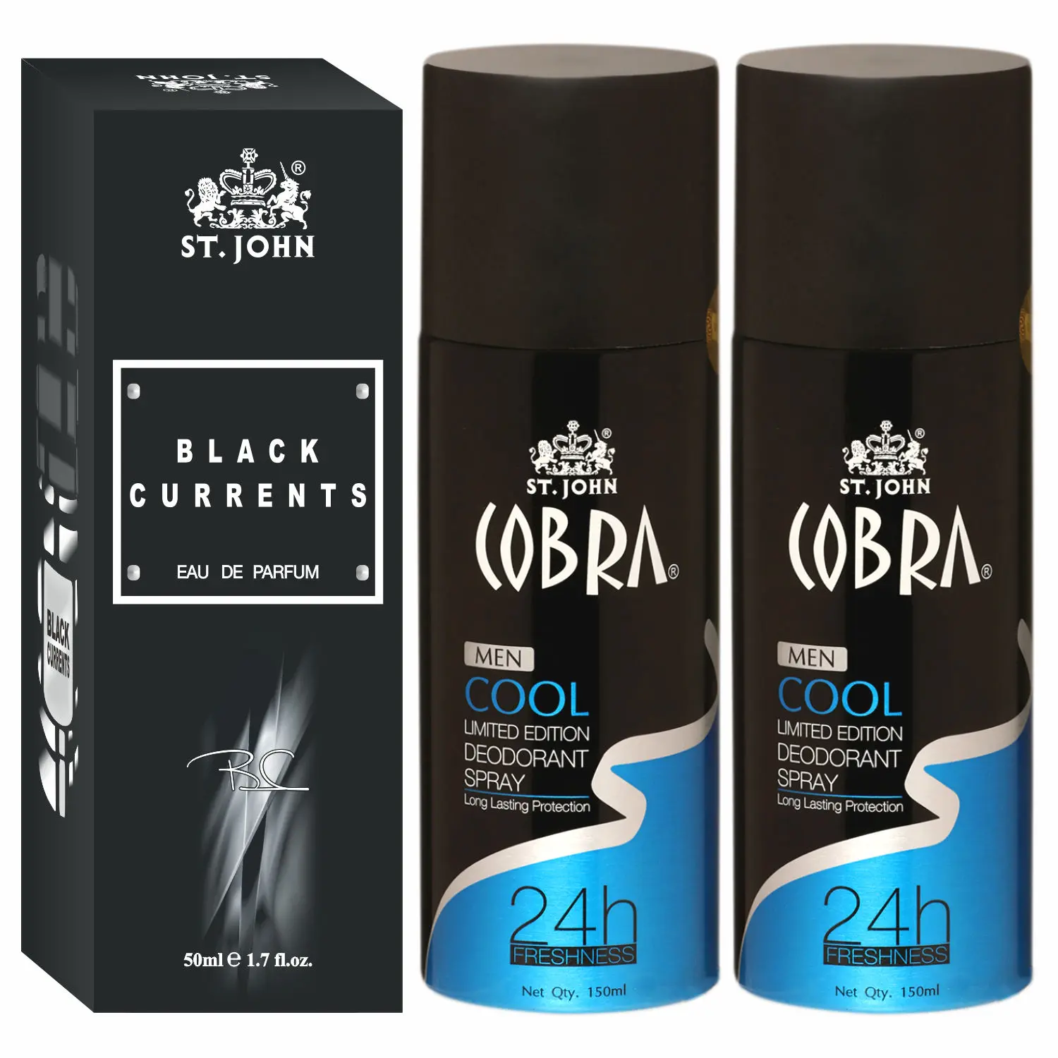 ST-JOHN Cobra Deodrant Cool 150ml Pack of 2 & Black Current 50ml Perfume Combo Gift Pack Perfume Body Spray - For Men & Women (350 ml, Pack of 3)