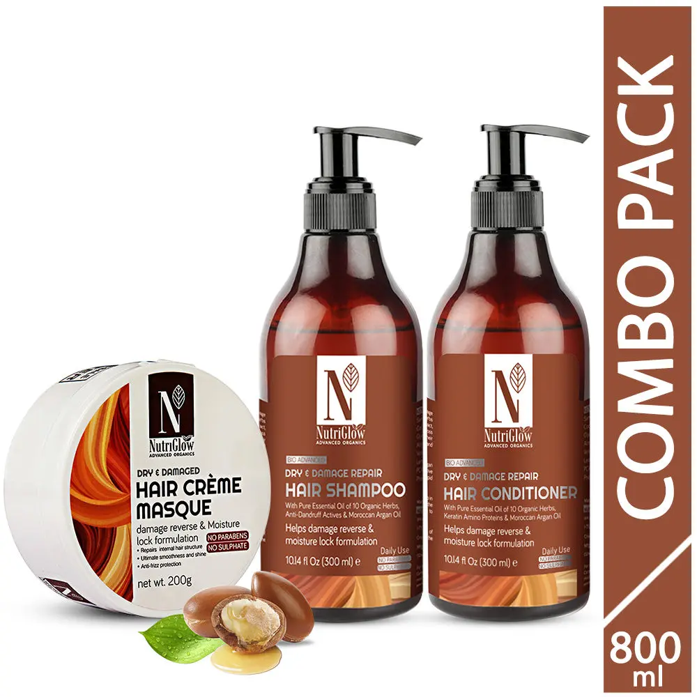 NutriGlow Advanced Organics Dry and Damage Repair Combo: Hair Shampoo (300 ml)/ Hair Conditioner(300 ml) & Hair Creme Masque (200 gm)