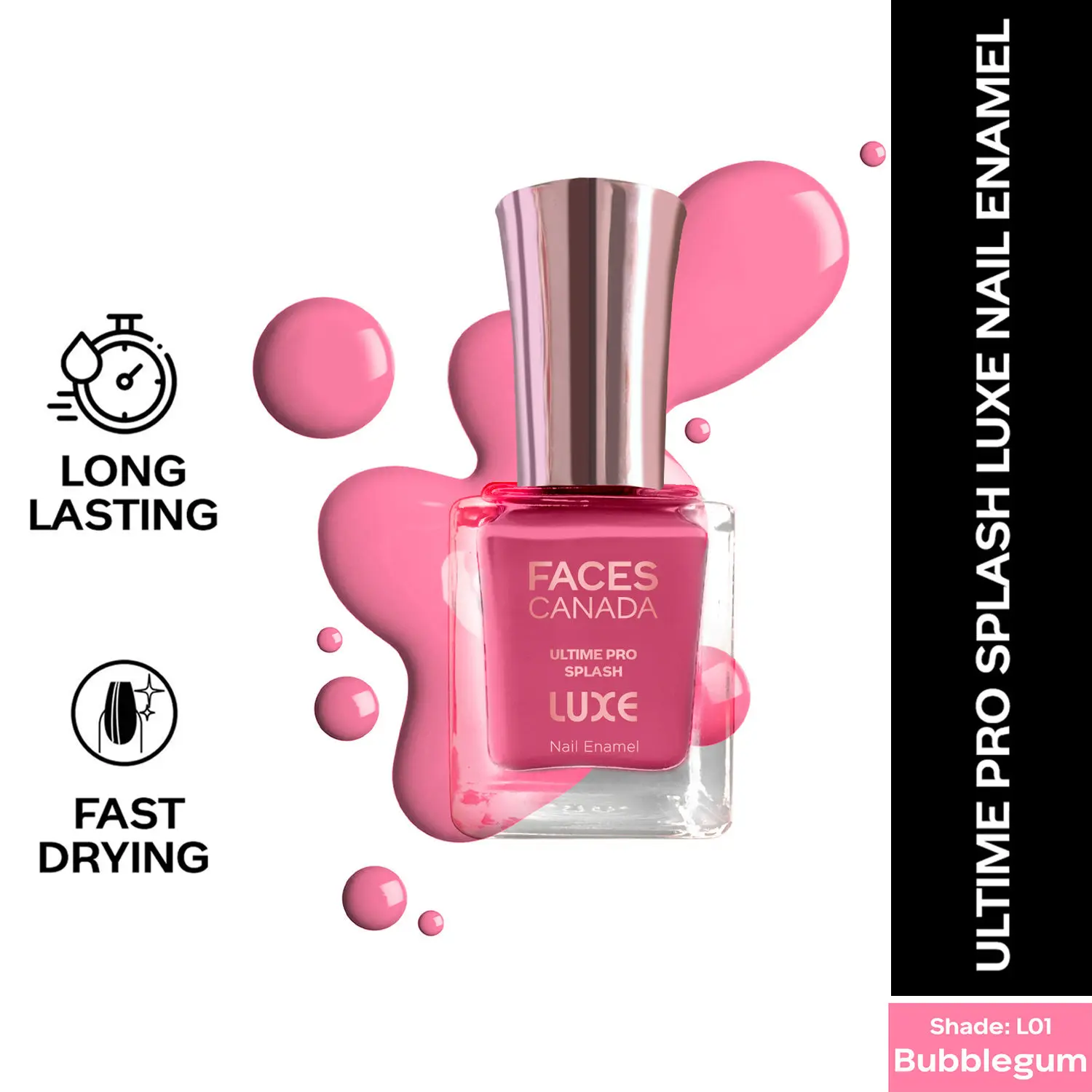 FACESCANADA Ultime Pro Splash Luxe Nail Enamel I Quick-drying I Long lasting I Even-Finish I Vegan I Cruelty-free I Non-Toxic I Ethanol-free I Bubblegum (L01) 12ml