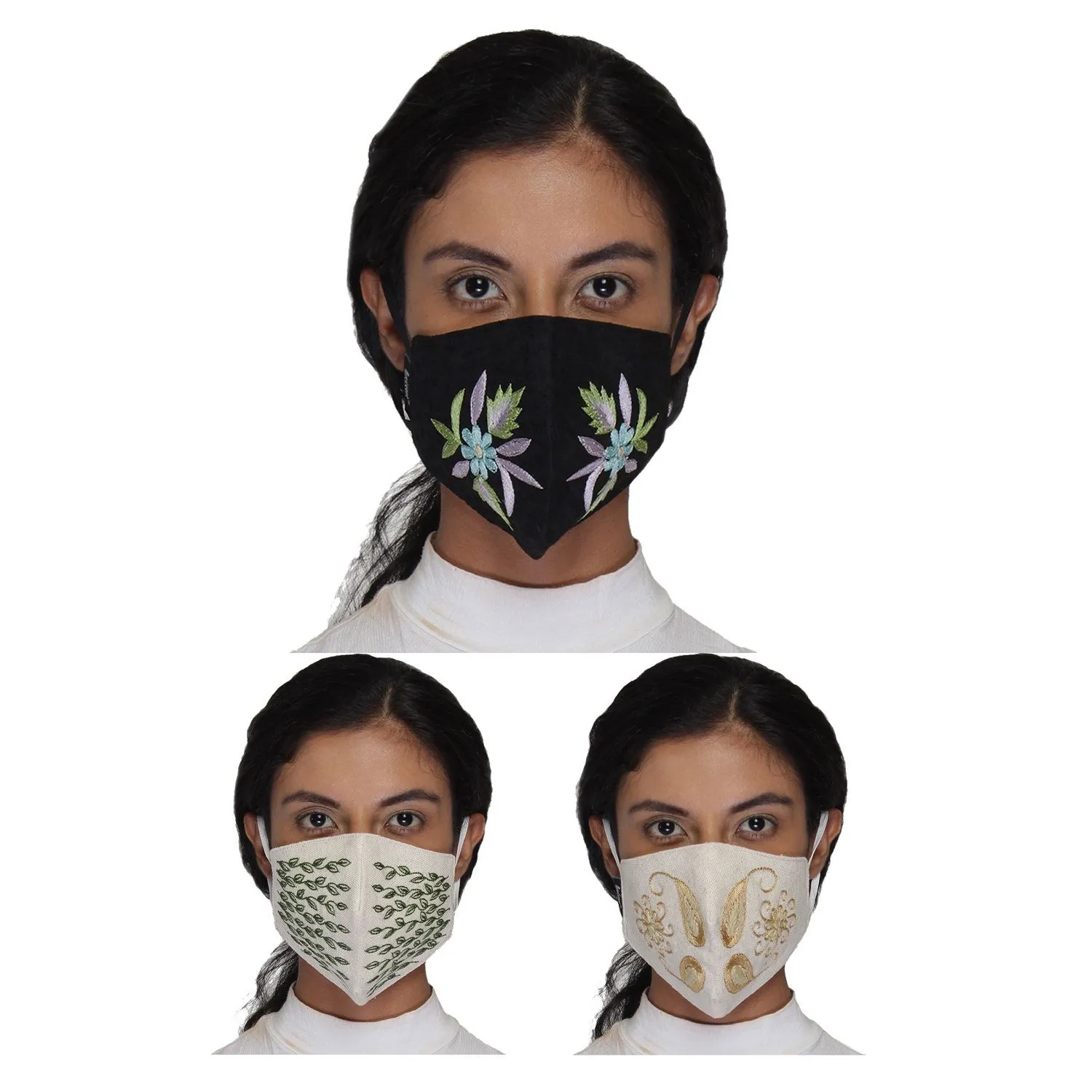 Anekaant Multicolor Reusable 3-Ply Cotton Embroidered Fabric Fashion Mask (Pack Of 3)