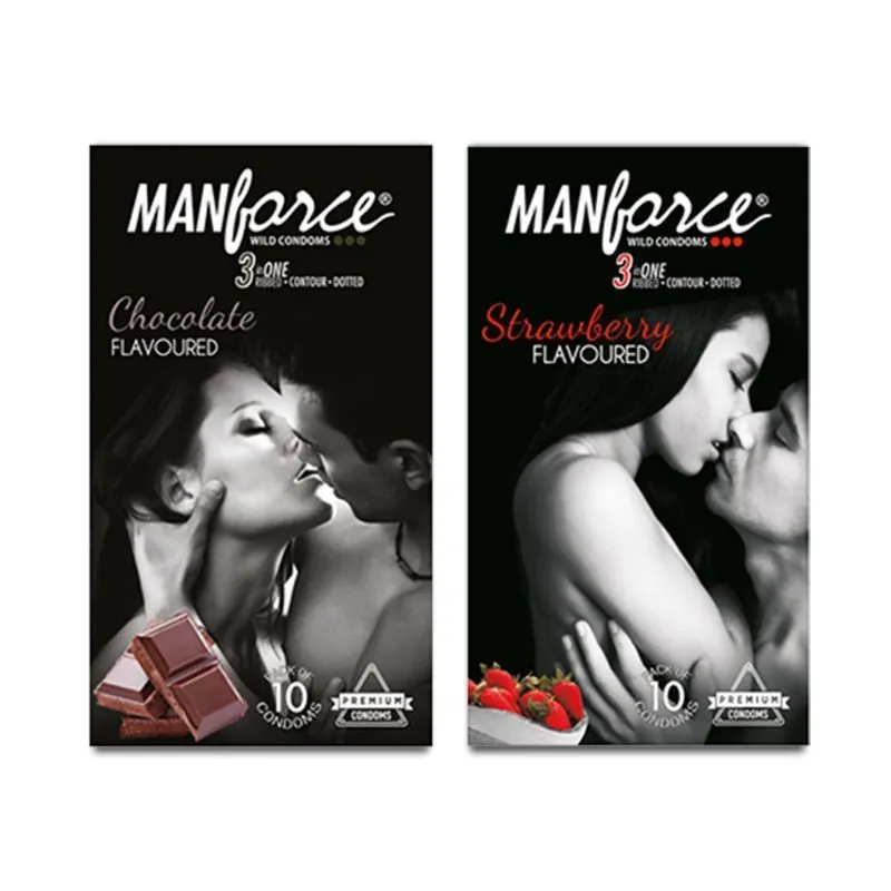 Manforce 3 In 1 Ribbed, Contour, Dotted Wild Strawberry & Chocolate Flavoured Condoms - Pack Of 2