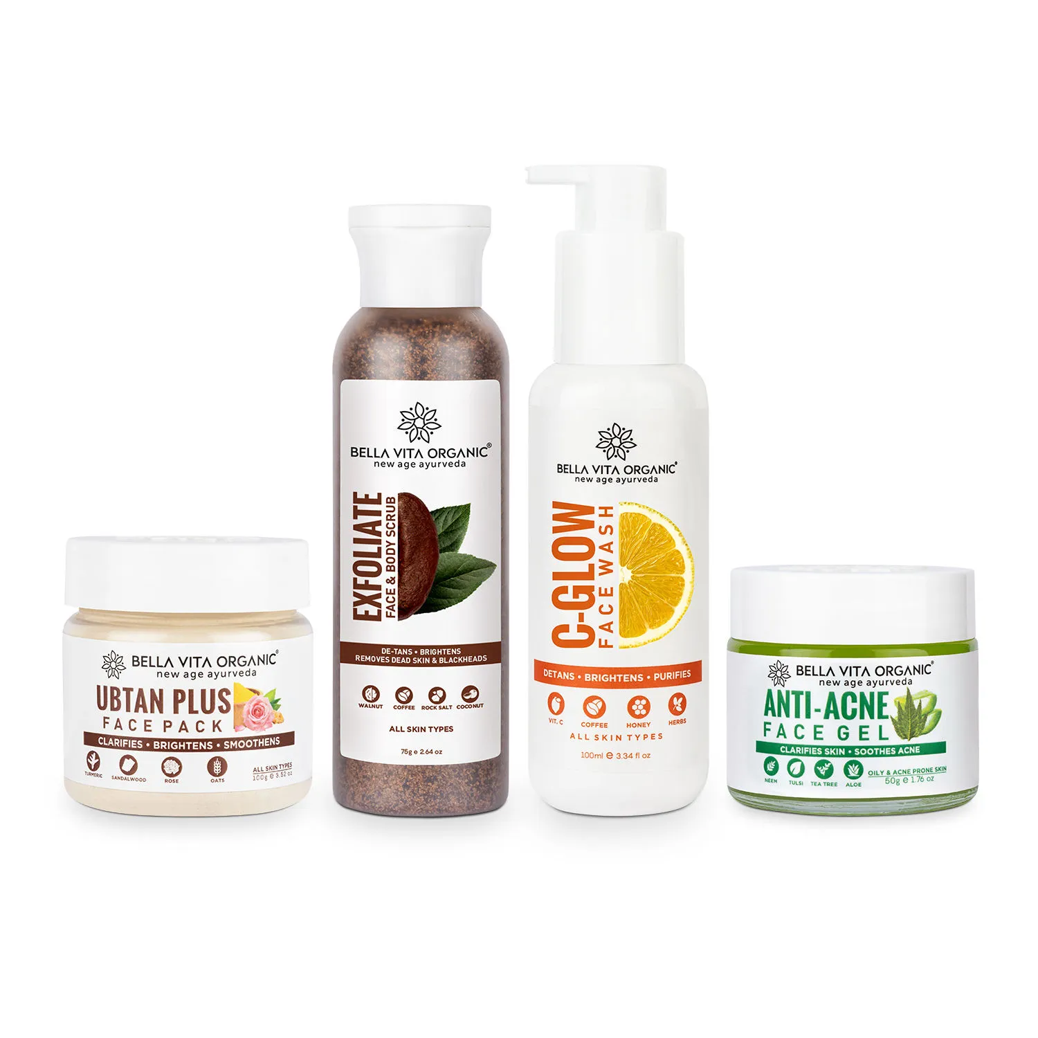 Bella Vita Organic Oil Control & Face Glow Combo (c Glow + Exfoliate + Ubtan Plus + Anti Acne)