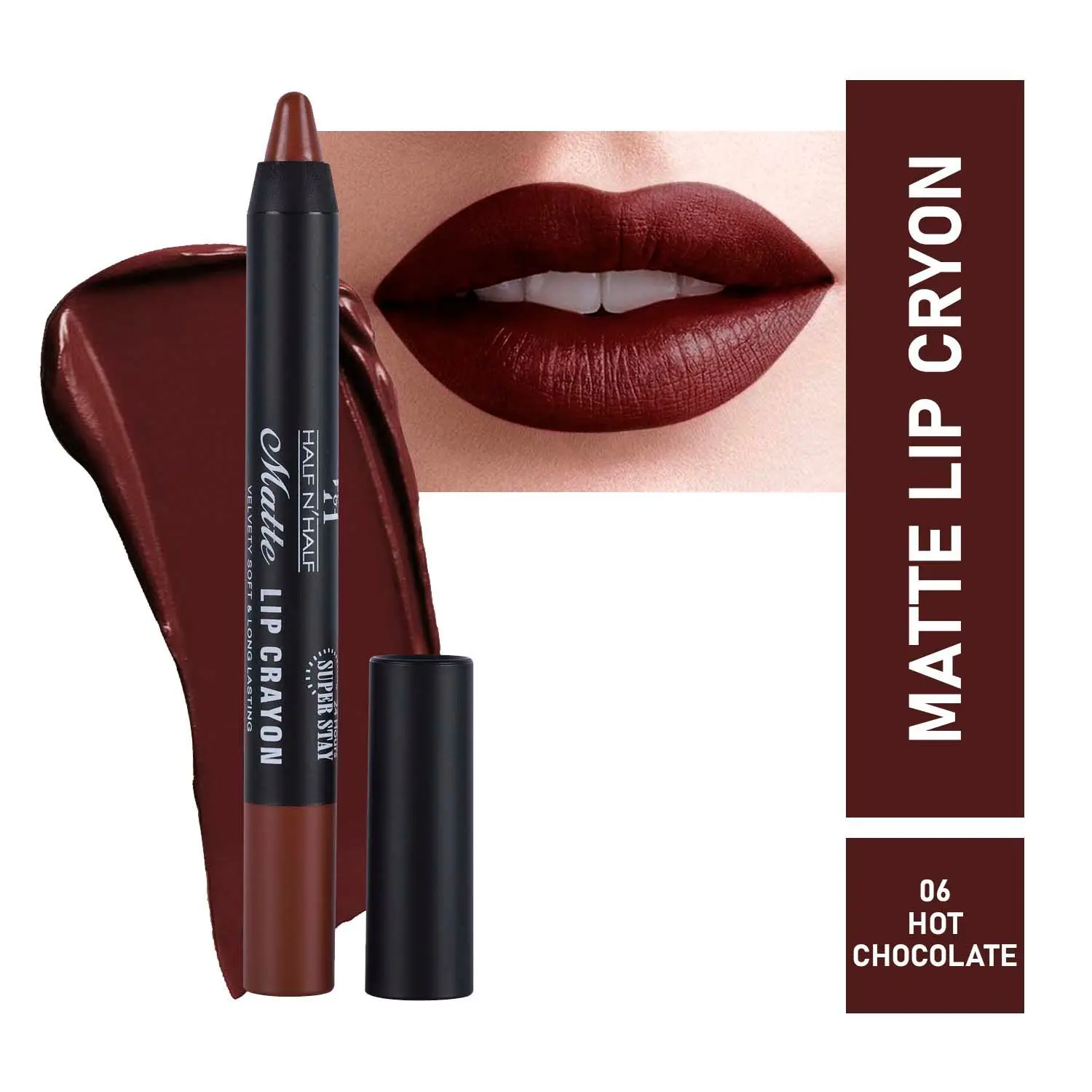 Half N Half Matte Lip Crayon Velvet Soft & Long Lasting, 24h Super Stay, 06 Hot Chocolate (3.5gm)