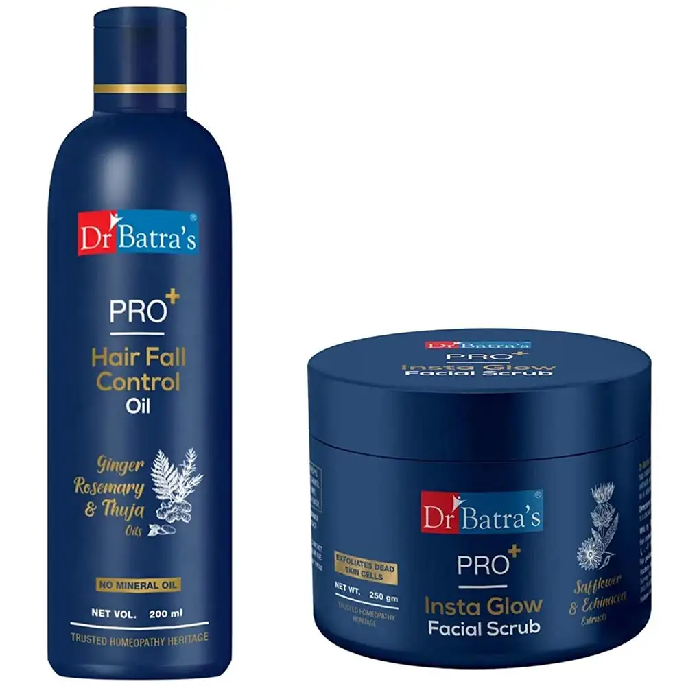 Dr Batra's Pro+ Hair Fall Control Oil & Pro+ Insta Glow Facial Scrub Combo,  2 Piece(s)/Pack  Hair & Skin Care