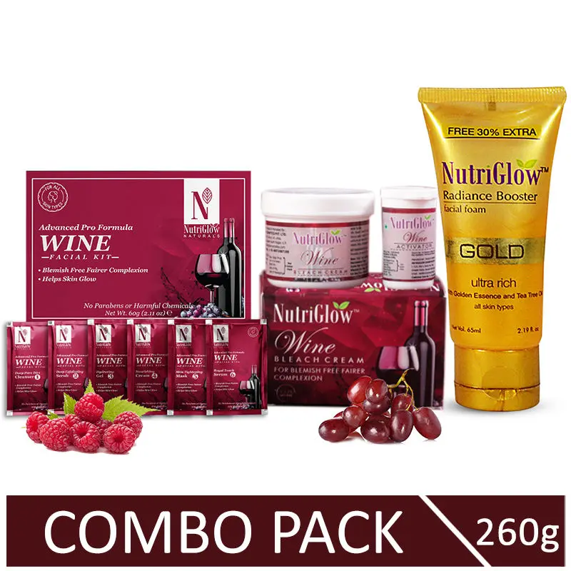 NutriGlow NATURALS'S Advanced Pro Formula Combo of 3 Wine Facial Kit (60 gm)/ Bleach Cream (43 gm) & Gold Radiance Booster (65 ml)