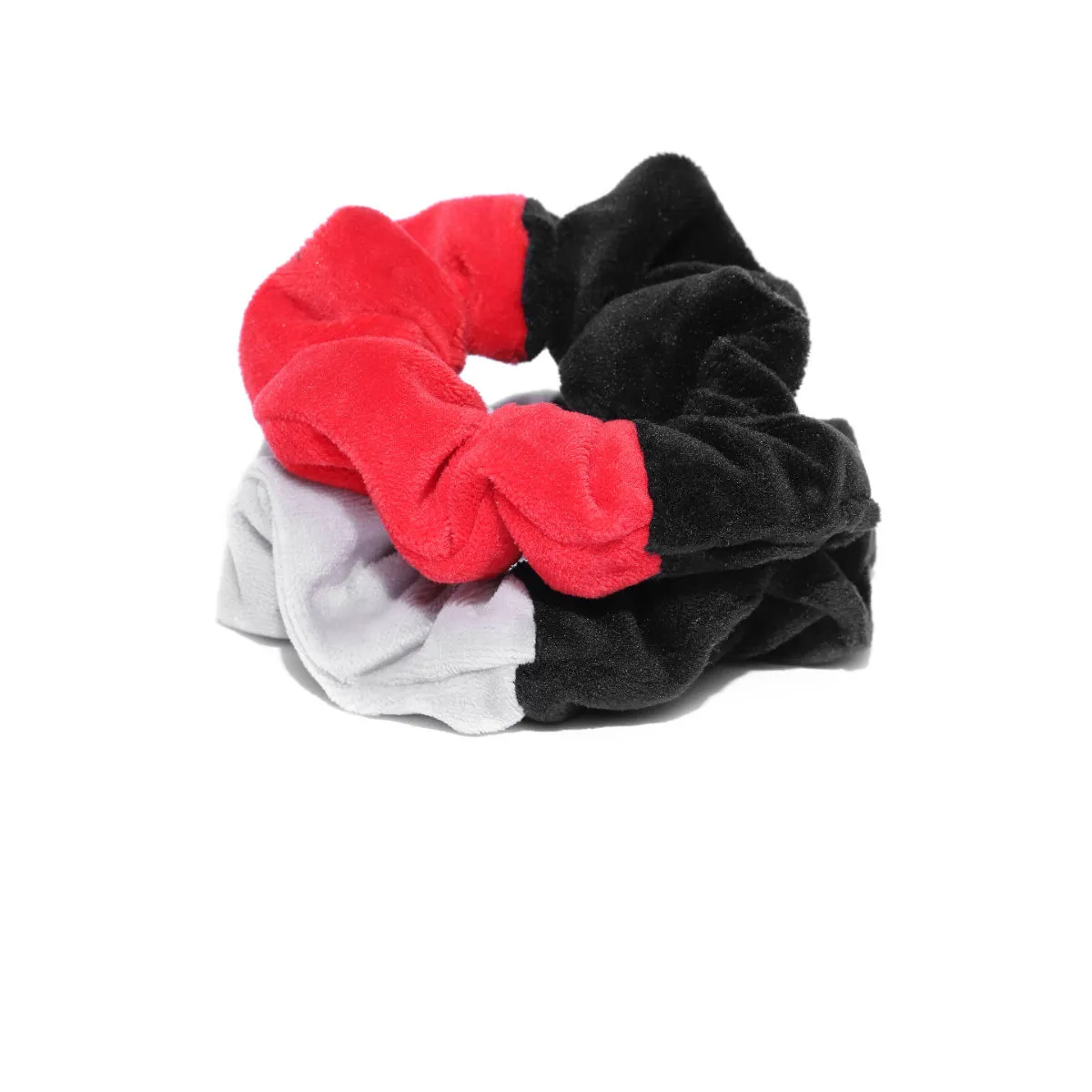 Blueberry Set Of 2 Black, Grey And Red Double Tone Velvet Scrunchies